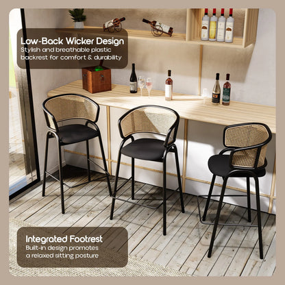 Ervilla Leather Bar Stool with Powder-Coated Stainless Steel Base and Curved Wicker Back Design - Elax Furniture