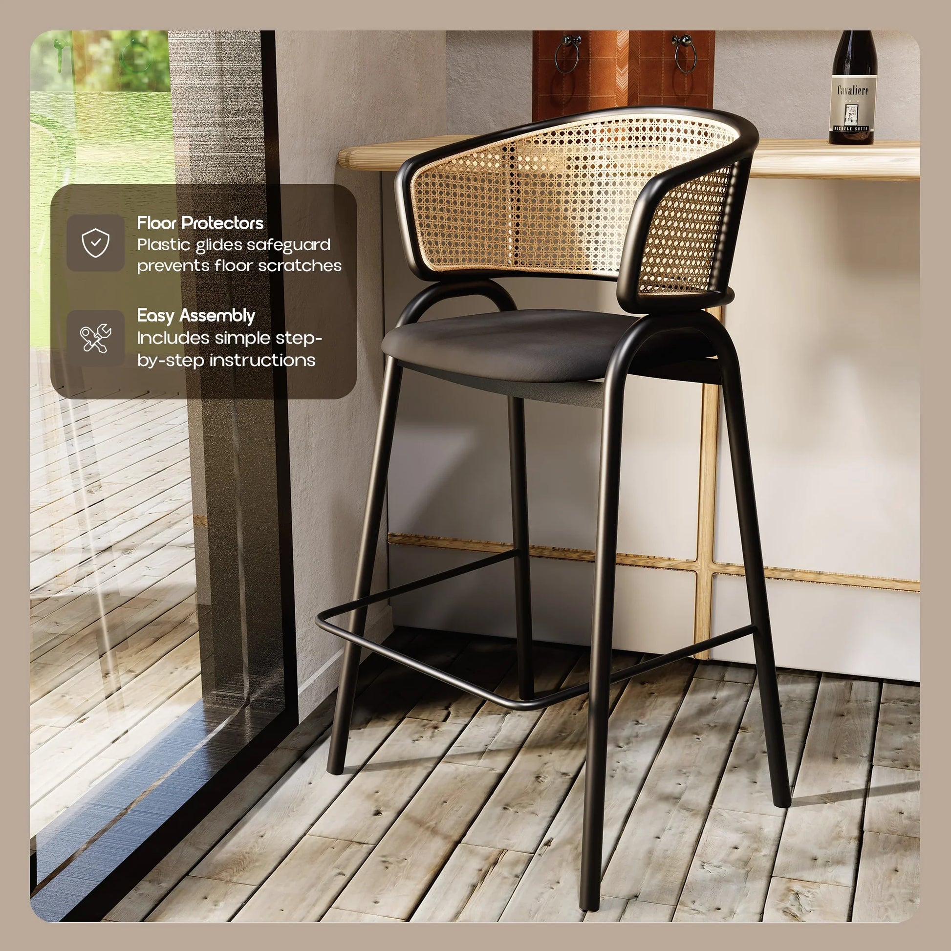Ervilla Leather Bar Stool with Powder-Coated Stainless Steel Base and Curved Wicker Back Design - Elax Furniture