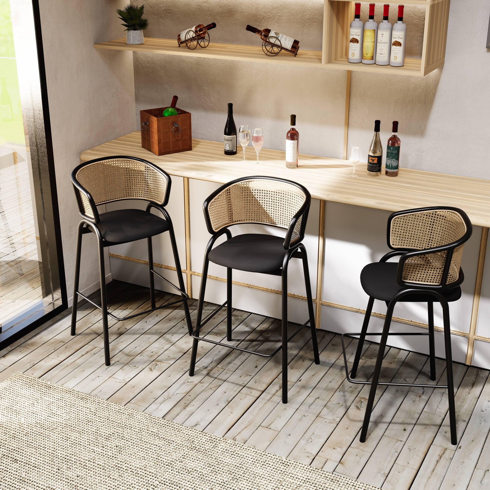 Ervilla Leather Bar Stool with Powder-Coated Stainless Steel Base and Curved Wicker Back Design - Elax Furniture