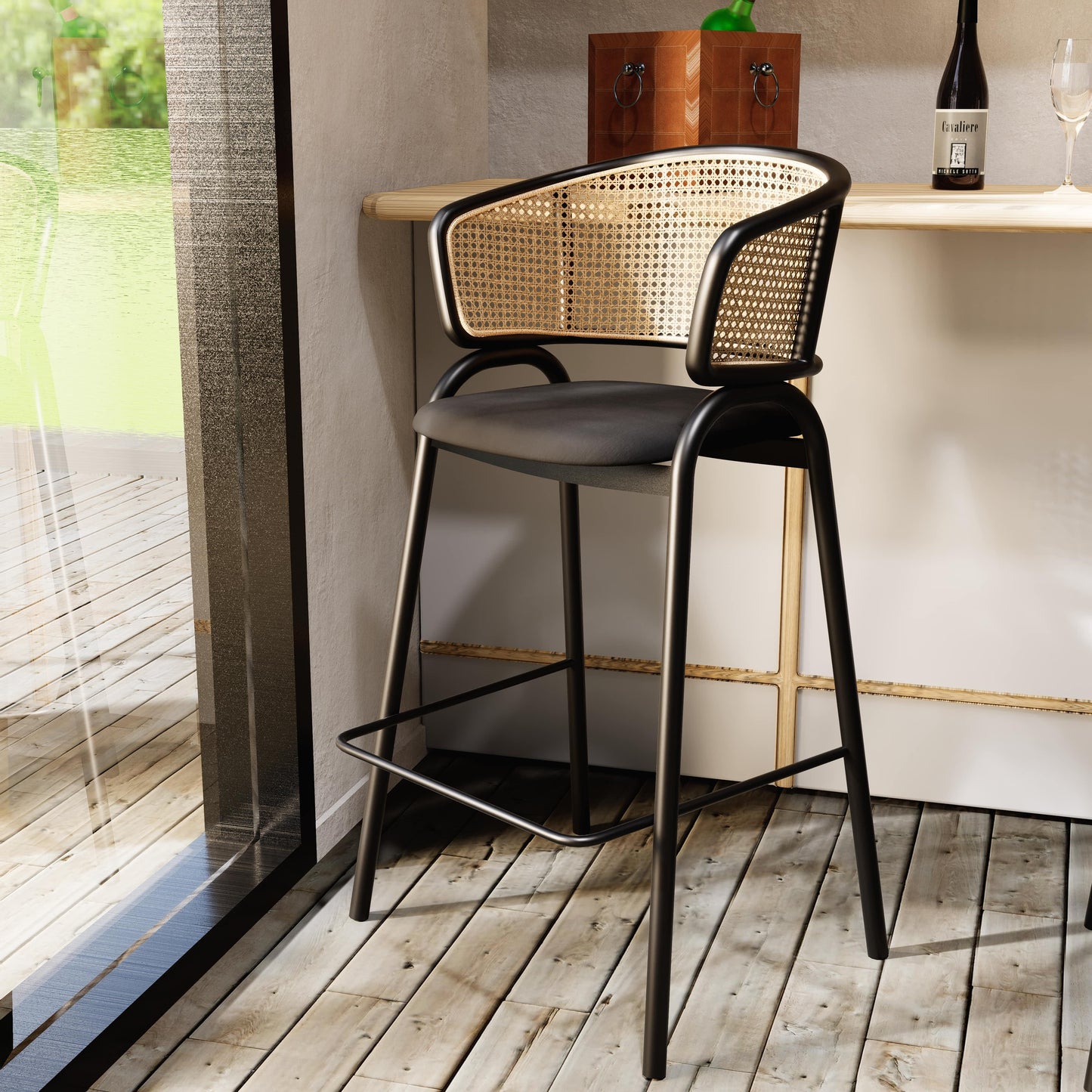 Ervilla Leather Bar Stool with Powder-Coated Stainless Steel Base and Curved Wicker Back Design - Elax Furniture