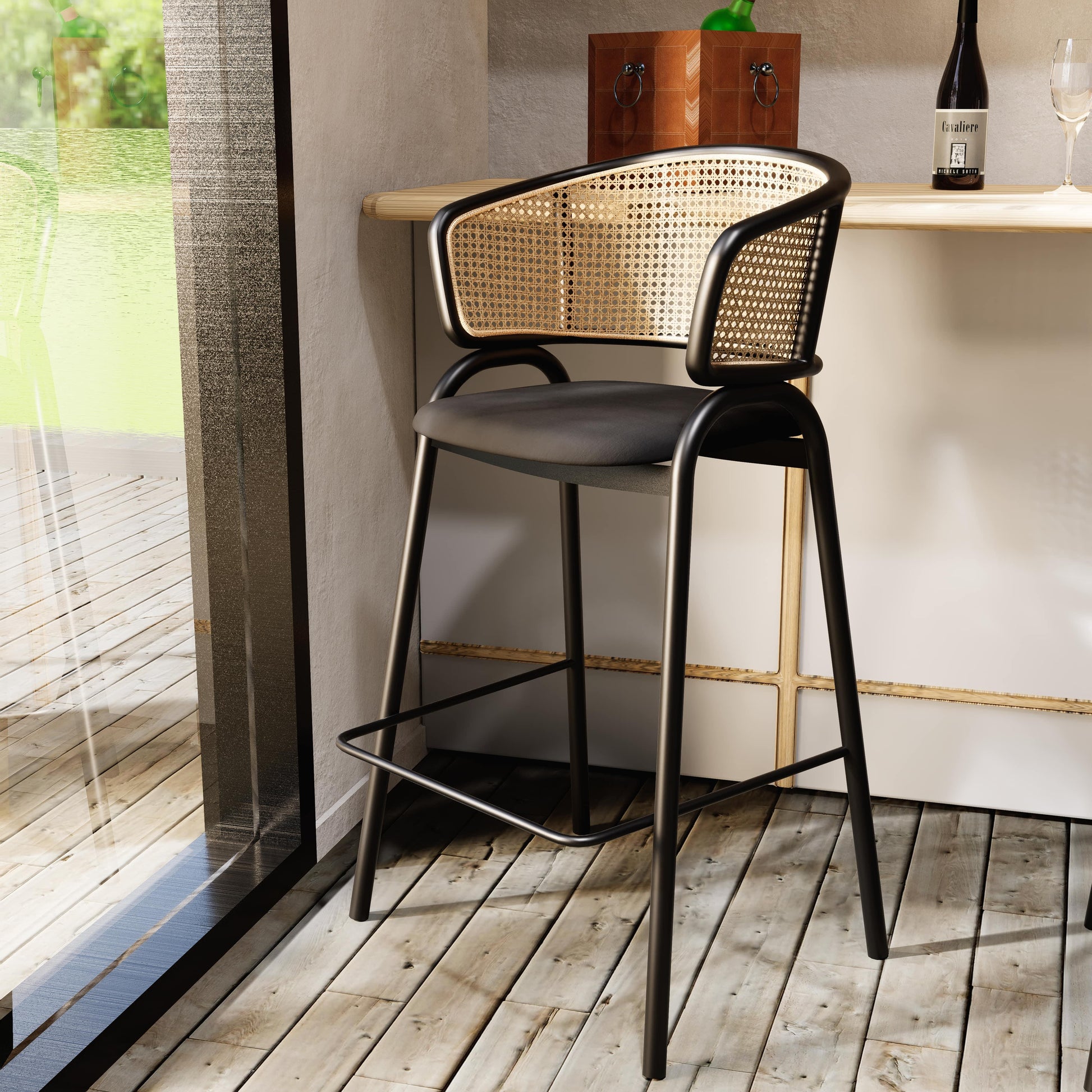 Ervilla Leather Bar Stool with Powder-Coated Stainless Steel Base and Curved Wicker Back Design - Elax Furniture