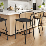 Ervilla Mid-Century Modern Wicker Bar Stool with Fabric Seat and Black Powder Coated Steel Frame - Elax Furniture