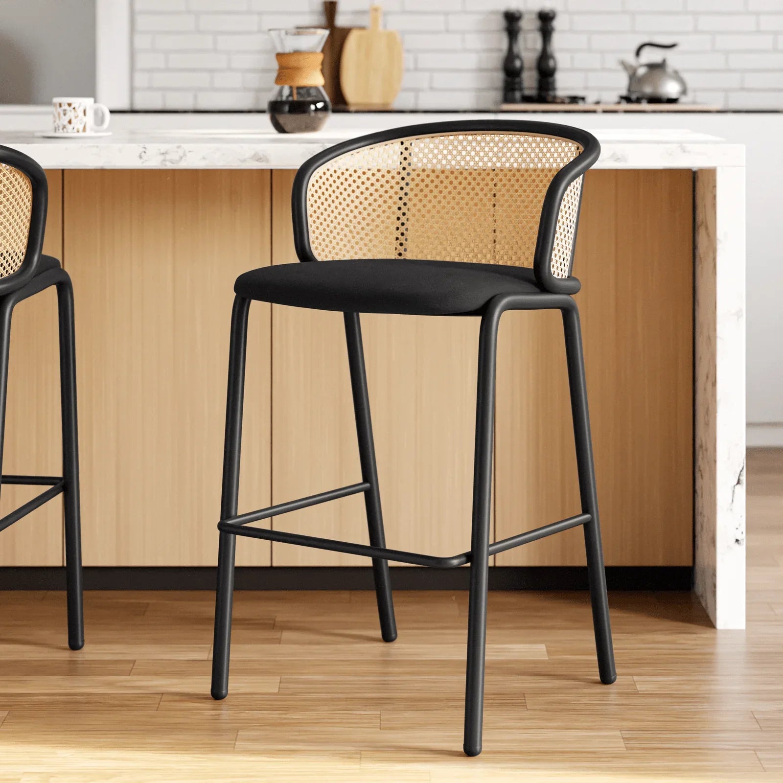 Ervilla Mid-Century Modern Wicker Bar Stool with Fabric Seat and Black Powder Coated Steel Frame - Elax Furniture