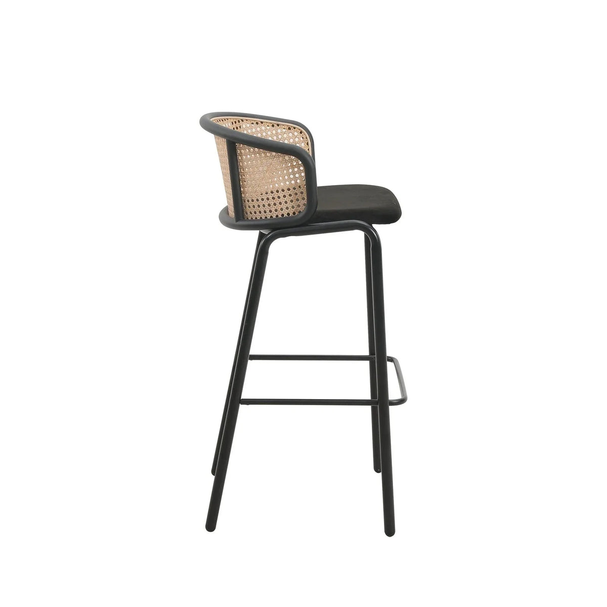 Ervilla Mid-Century Modern Wicker Bar Stool with Fabric Seat and Black Powder Coated Steel Frame - Elax Furniture