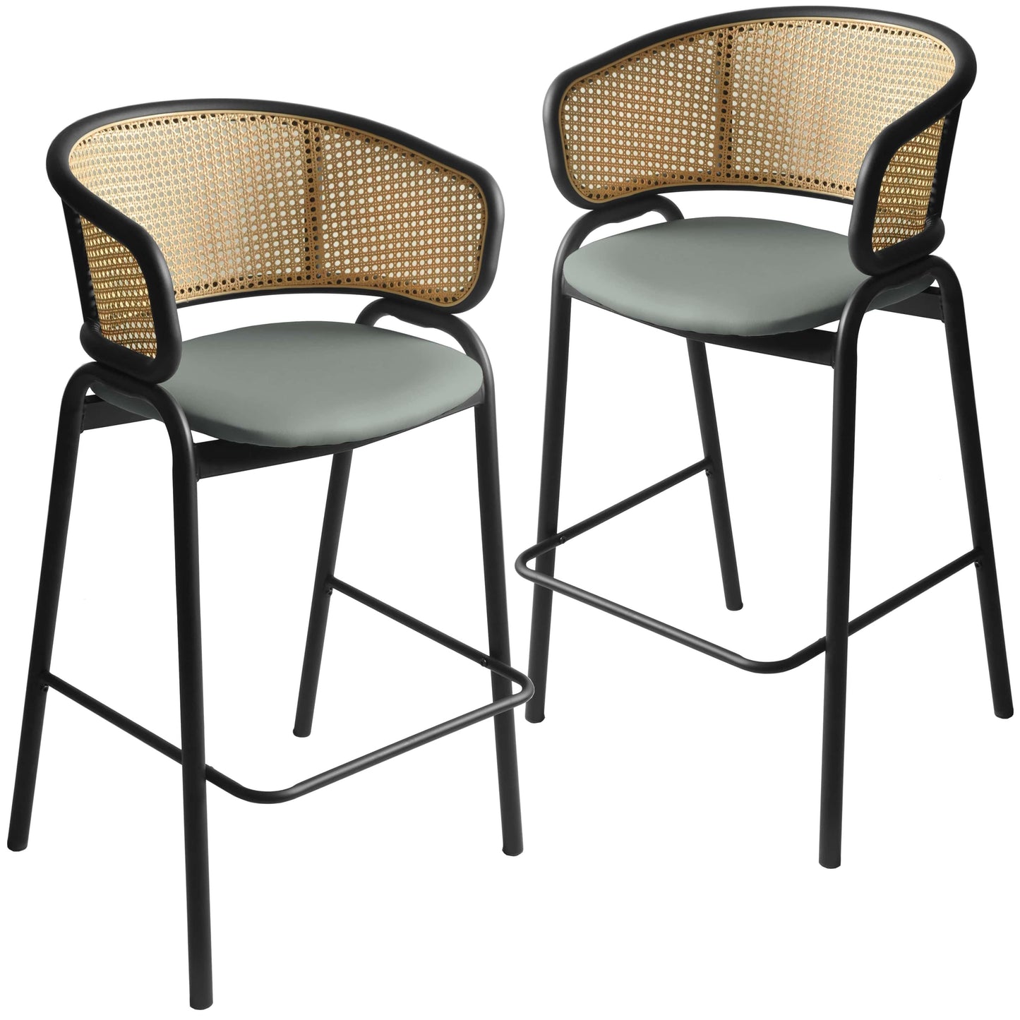 Ervilla Leather Bar Stool with Powder-Coated Stainless Steel Base and Curved Wicker Back Design - Elax Furniture