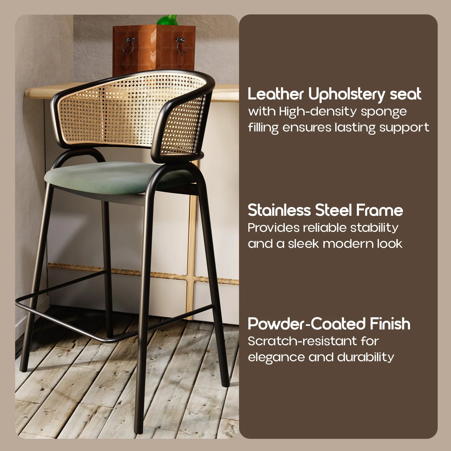 Ervilla Leather Bar Stool with Powder-Coated Stainless Steel Base and Curved Wicker Back Design - Elax Furniture