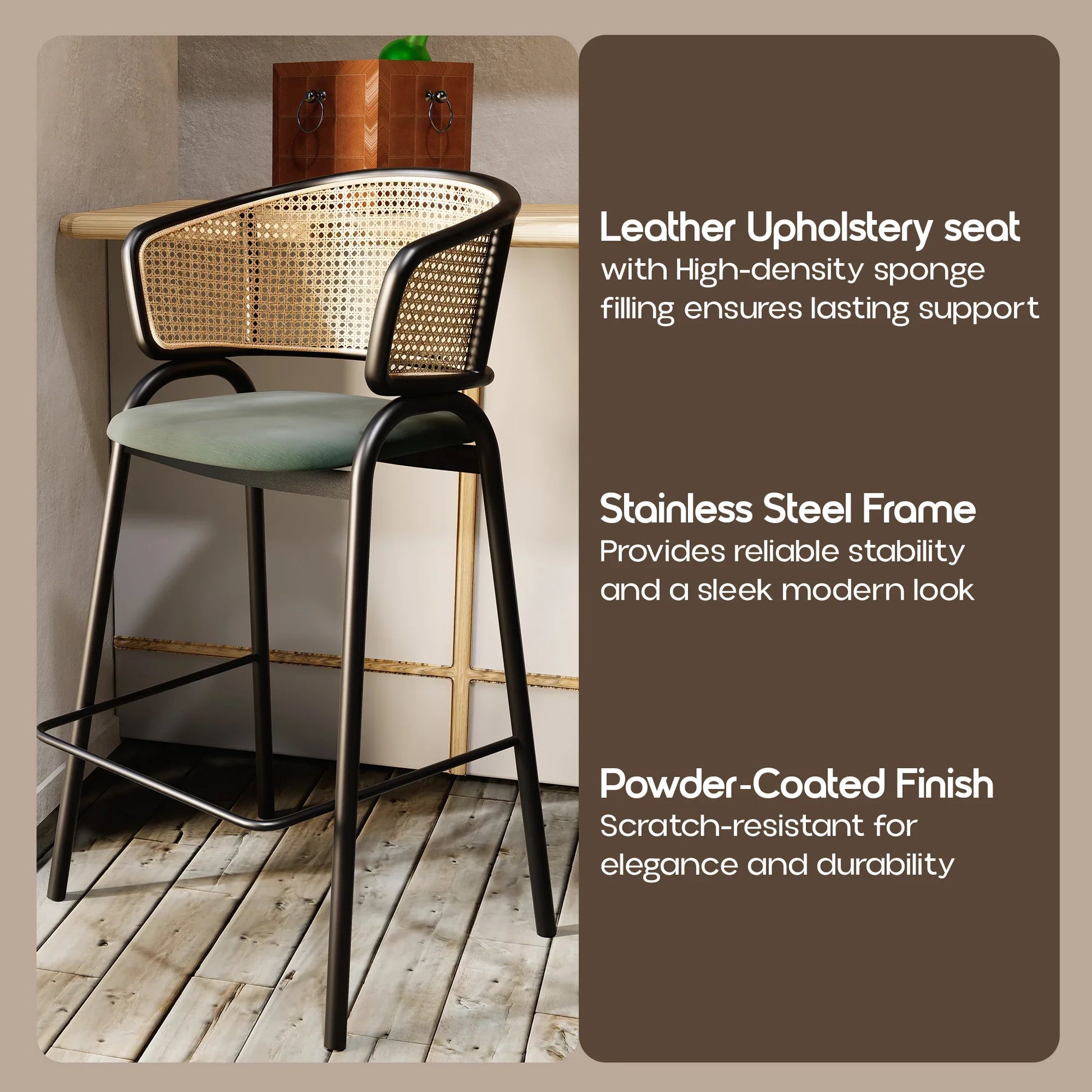 Ervilla Leather Bar Stool with Powder-Coated Stainless Steel Base and Curved Wicker Back Design - Elax Furniture