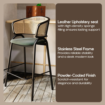 Ervilla Leather Bar Stool with Powder-Coated Stainless Steel Base and Curved Wicker Back Design - Elax Furniture