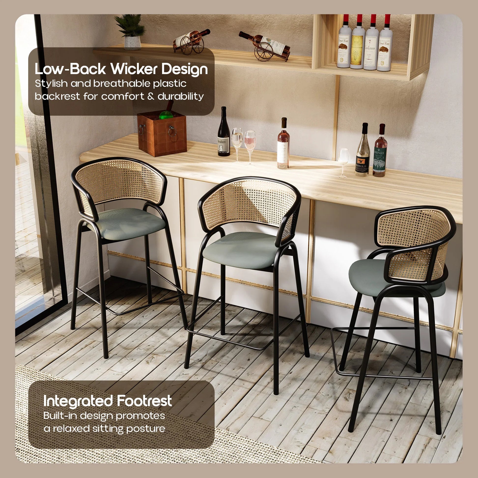 Ervilla Leather Bar Stool with Powder-Coated Stainless Steel Base and Curved Wicker Back Design - Elax Furniture
