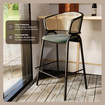 Ervilla Leather Bar Stool with Powder-Coated Stainless Steel Base and Curved Wicker Back Design - Elax Furniture