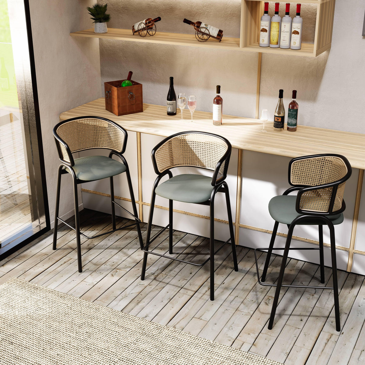 Ervilla Leather Bar Stool with Powder-Coated Stainless Steel Base and Curved Wicker Back Design - Elax Furniture