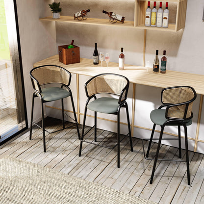 Ervilla Leather Bar Stool with Powder-Coated Stainless Steel Base and Curved Wicker Back Design - Elax Furniture