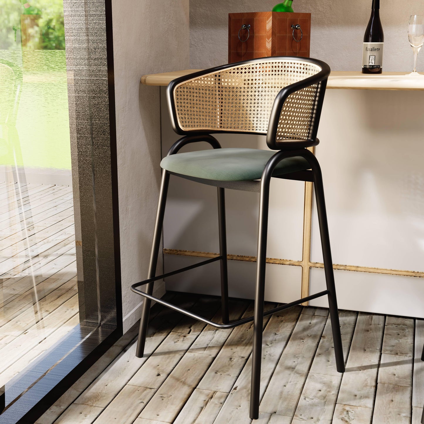 Ervilla Leather Bar Stool with Powder-Coated Stainless Steel Base and Curved Wicker Back Design - Elax Furniture