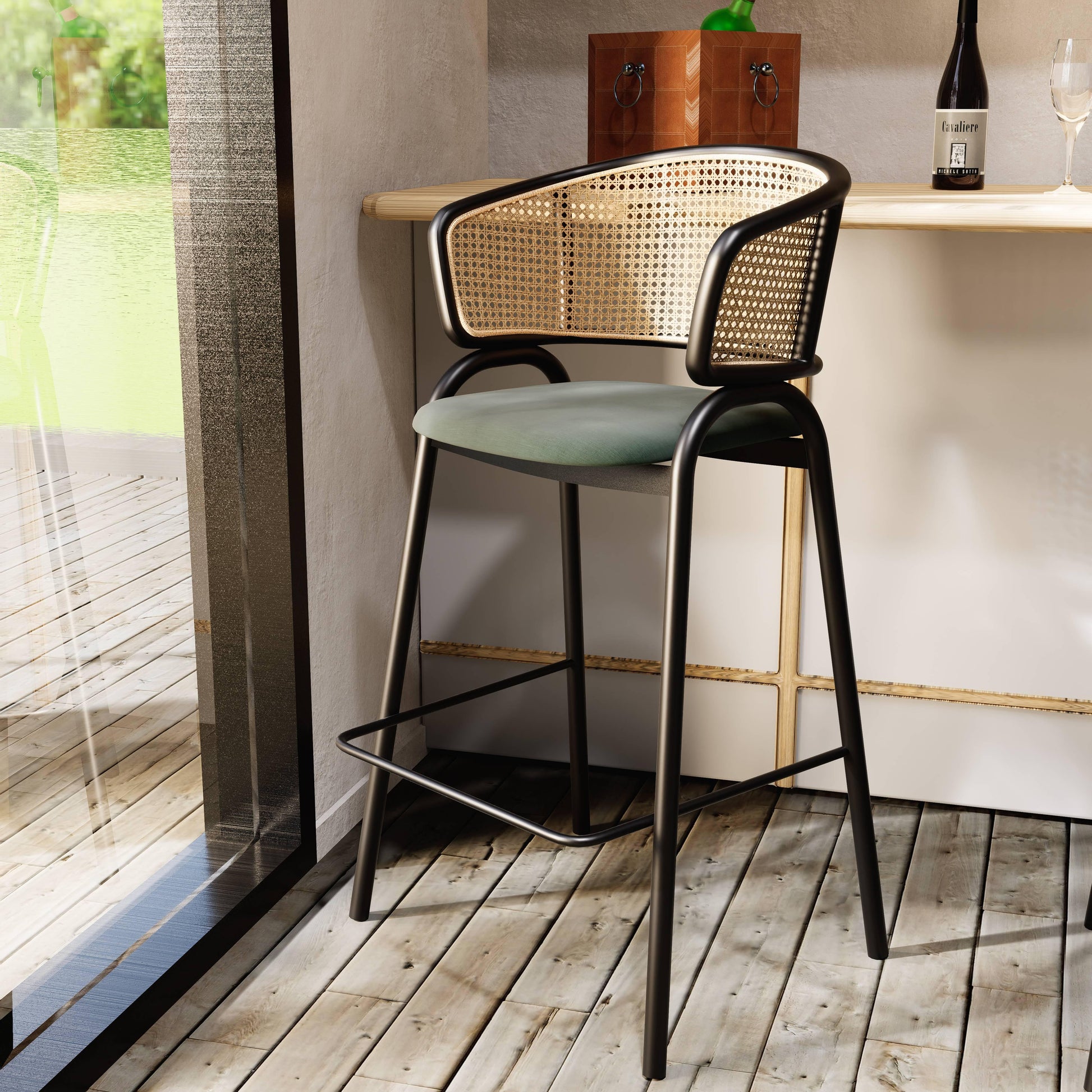 Ervilla Leather Bar Stool with Powder-Coated Stainless Steel Base and Curved Wicker Back Design - Elax Furniture