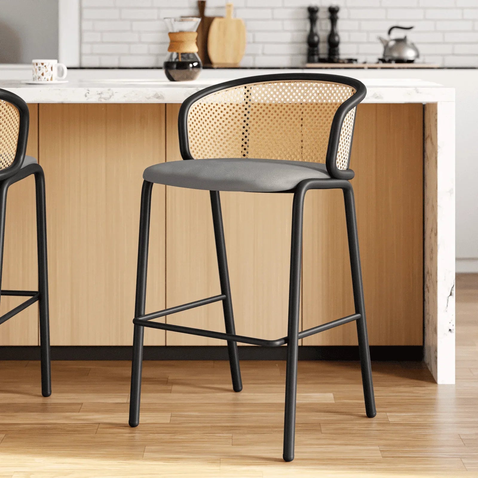 Ervilla Mid-Century Modern Wicker Bar Stool with Fabric Seat and Black Powder Coated Steel Frame - Elax Furniture