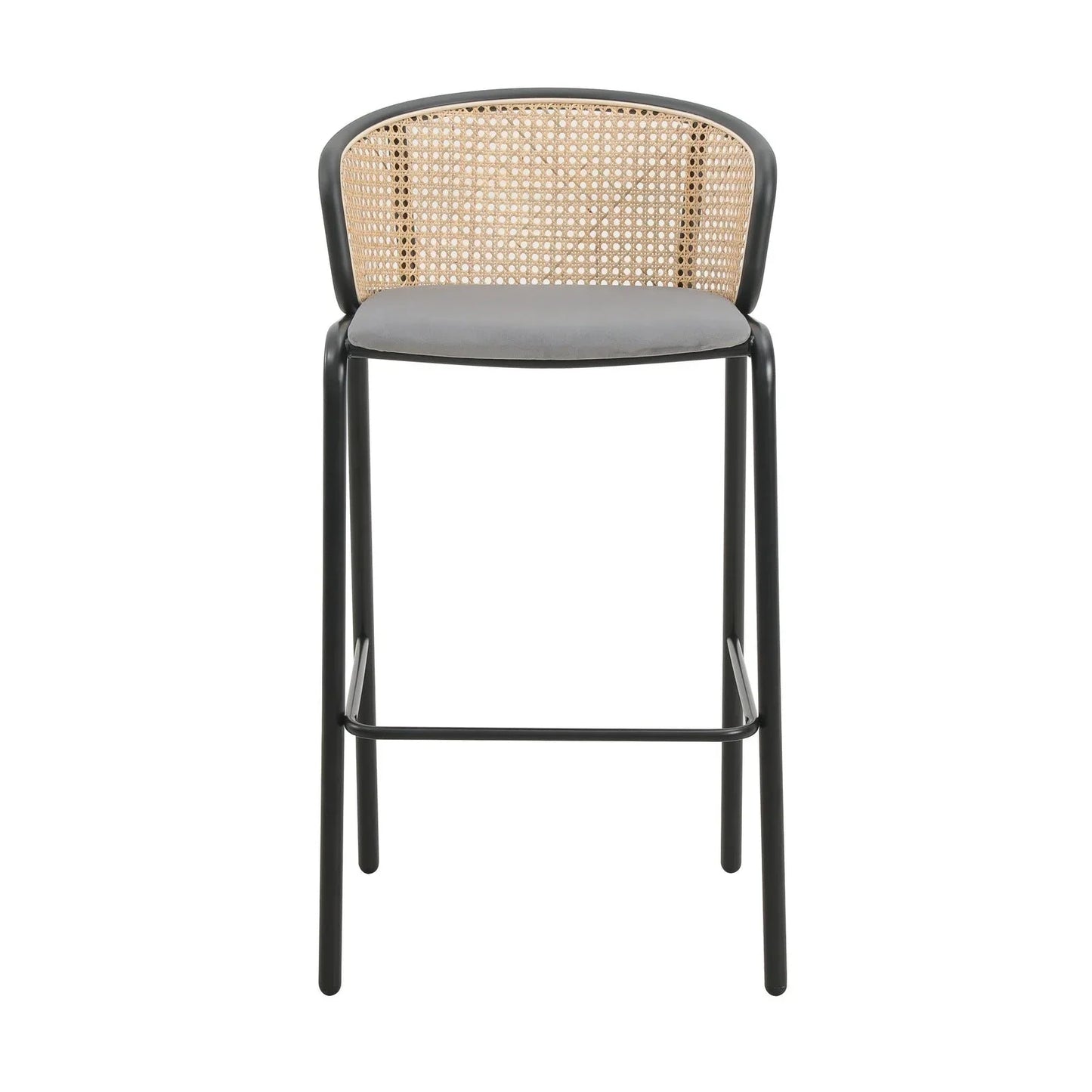 Ervilla Mid-Century Modern Wicker Bar Stool with Fabric Seat and Black Powder Coated Steel Frame - Elax Furniture