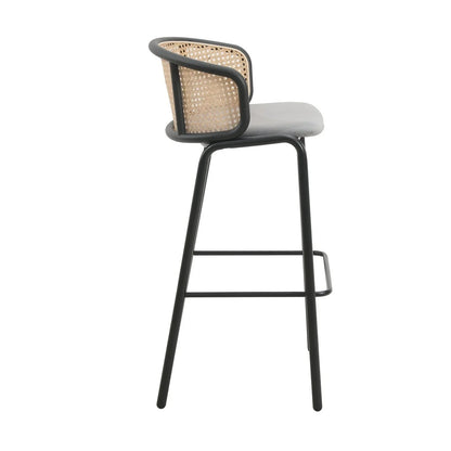 Ervilla Mid-Century Modern Wicker Bar Stool with Fabric Seat and Black Powder Coated Steel Frame - Elax Furniture