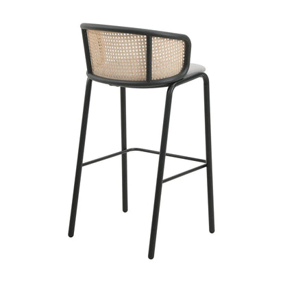 Ervilla Mid-Century Modern Wicker Bar Stool with Fabric Seat and Black Powder Coated Steel Frame - Elax Furniture