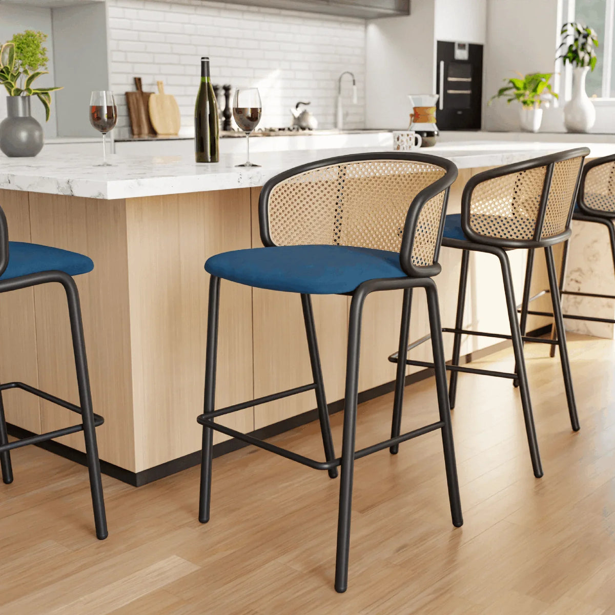 Ervilla Mid-Century Modern Wicker Bar Stool with Fabric Seat and Black Powder Coated Steel Frame - Elax Furniture