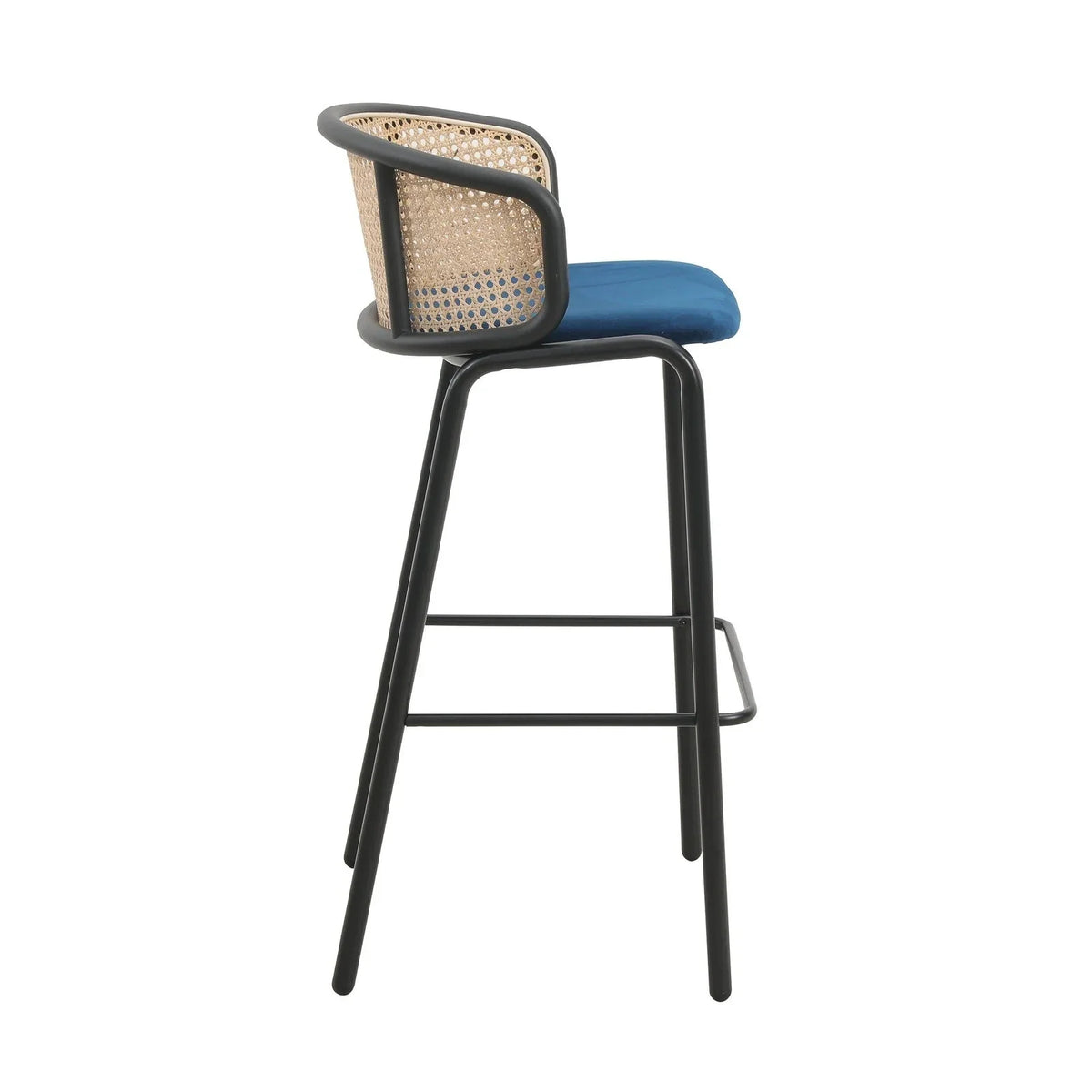 Ervilla Mid-Century Modern Wicker Bar Stool with Fabric Seat and Black Powder Coated Steel Frame - Elax Furniture