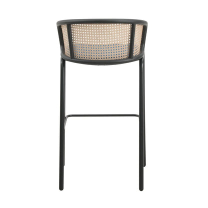 Ervilla Mid-Century Modern Wicker Bar Stool with Fabric Seat and Black Powder Coated Steel Frame - Elax Furniture