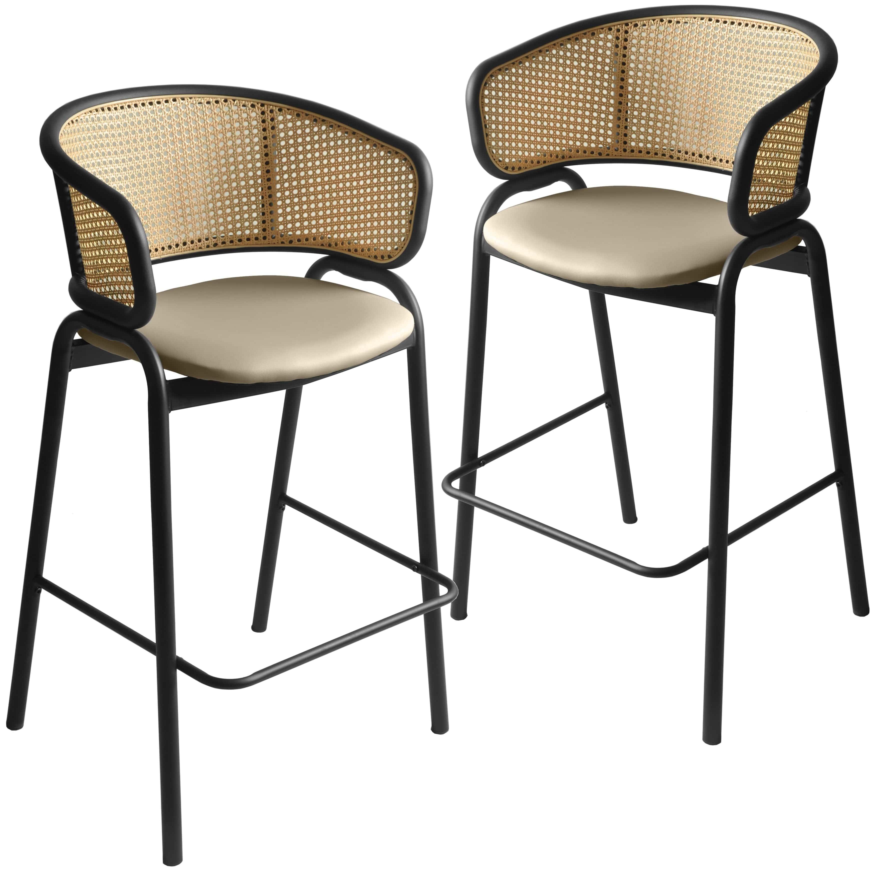 Ervilla Leather Bar Stool with Powder-Coated Stainless Steel Base and Curved Wicker Back Design - Elax Furniture