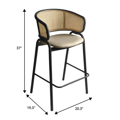 Ervilla Leather Bar Stool with Powder-Coated Stainless Steel Base and Curved Wicker Back Design - Elax Furniture