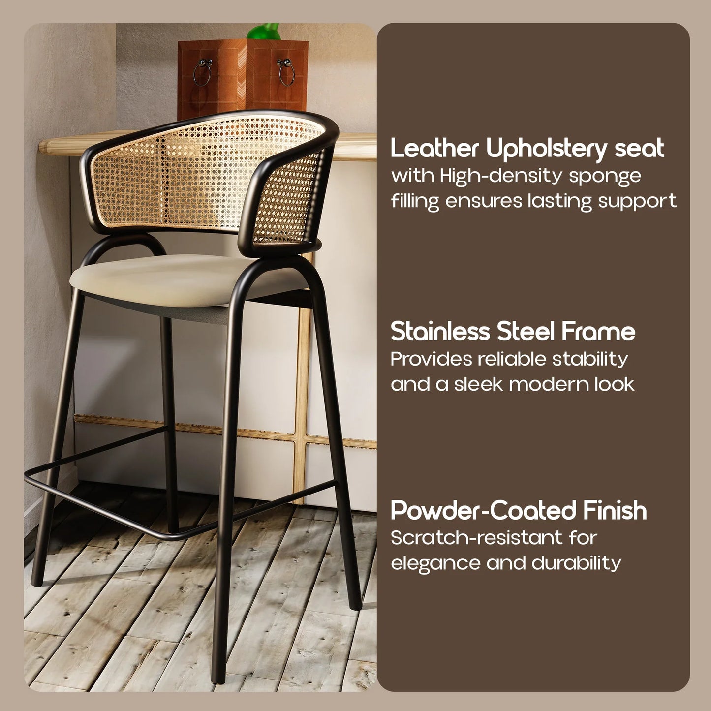 Ervilla Leather Bar Stool with Powder-Coated Stainless Steel Base and Curved Wicker Back Design - Elax Furniture