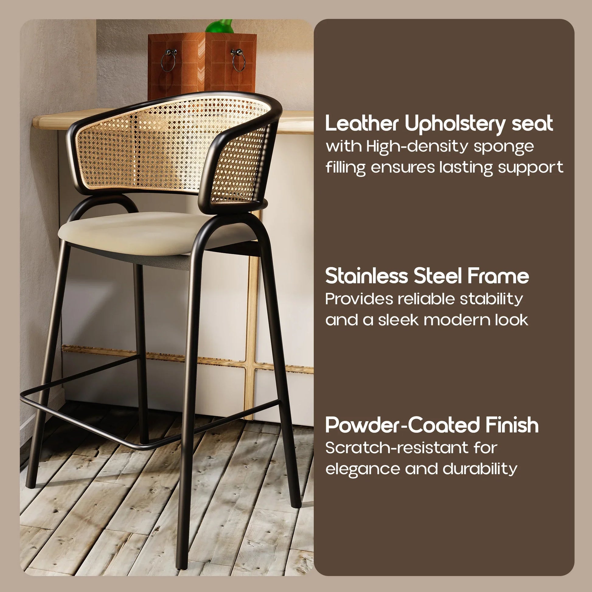 Ervilla Leather Bar Stool with Powder-Coated Stainless Steel Base and Curved Wicker Back Design - Elax Furniture