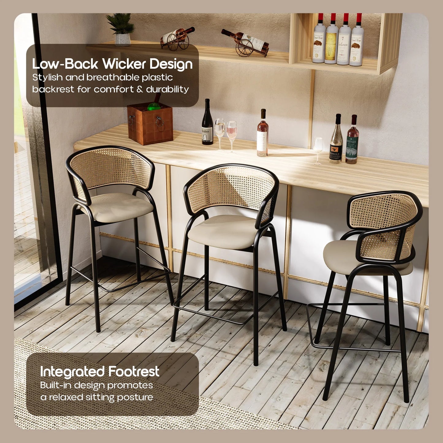 Ervilla Leather Bar Stool with Powder-Coated Stainless Steel Base and Curved Wicker Back Design - Elax Furniture