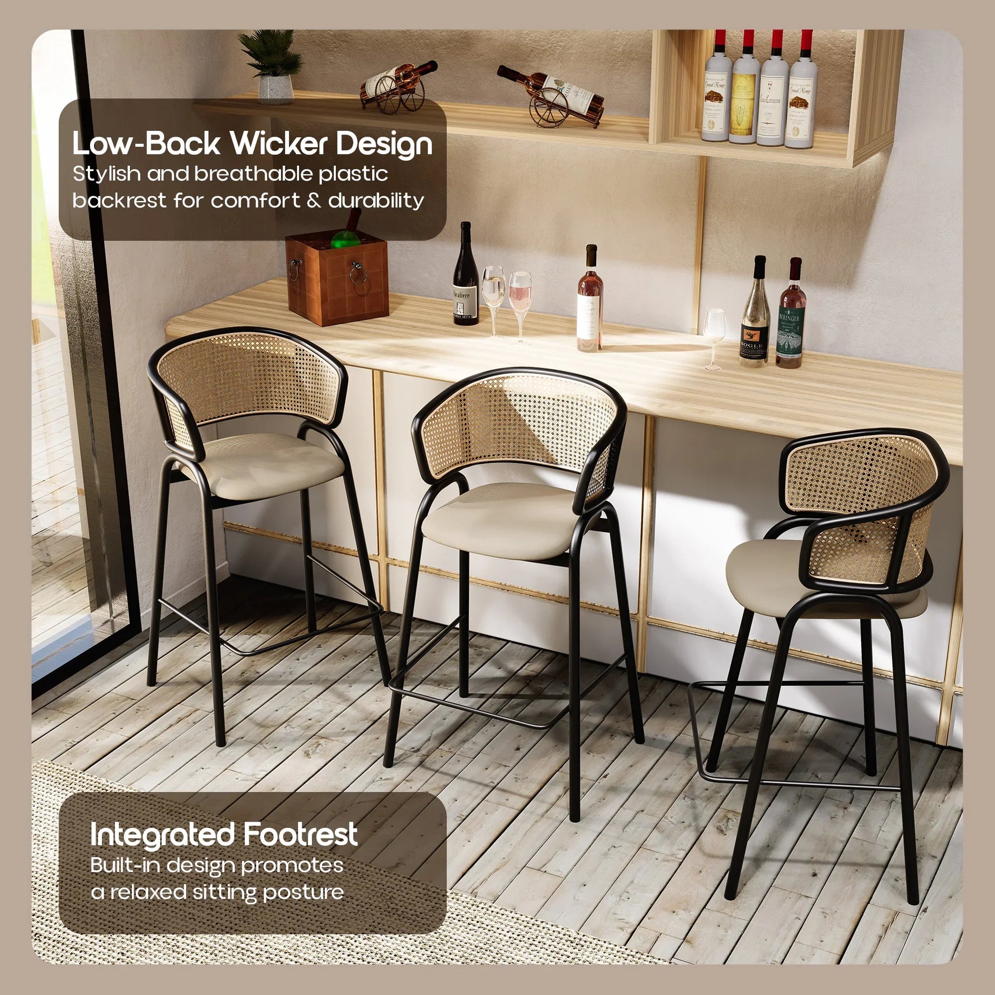Ervilla Leather Bar Stool with Powder-Coated Stainless Steel Base and Curved Wicker Back Design - Elax Furniture