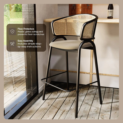 Ervilla Leather Bar Stool with Powder-Coated Stainless Steel Base and Curved Wicker Back Design - Elax Furniture