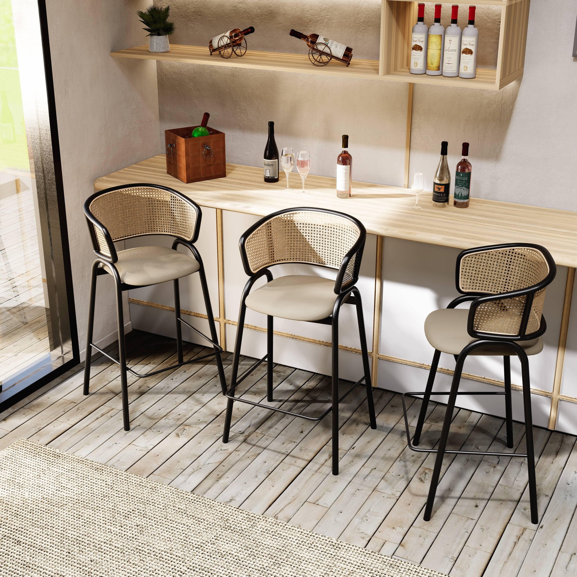Ervilla Leather Bar Stool with Powder-Coated Stainless Steel Base and Curved Wicker Back Design - Elax Furniture