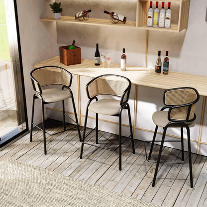 Ervilla Leather Bar Stool with Powder-Coated Stainless Steel Base and Curved Wicker Back Design - Elax Furniture