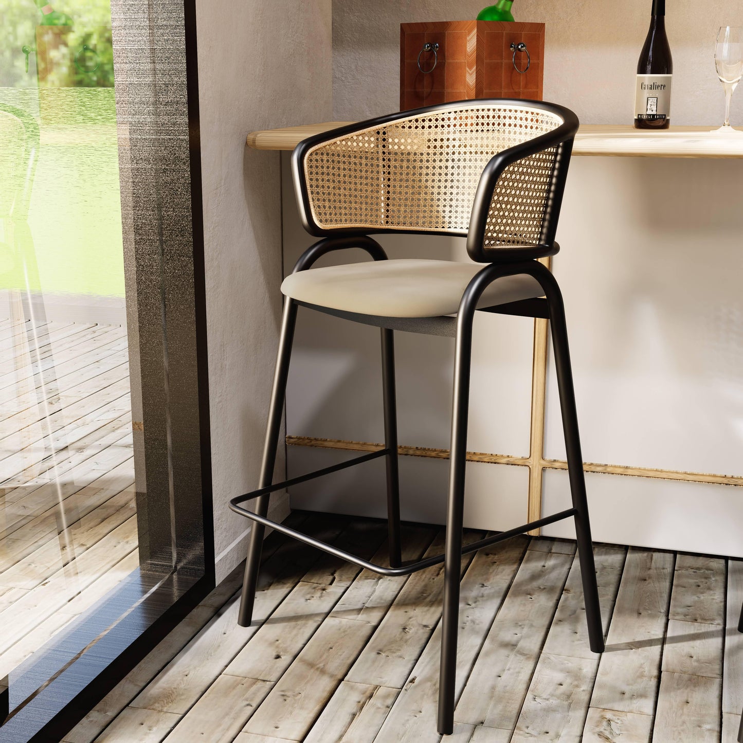 Ervilla Leather Bar Stool with Powder-Coated Stainless Steel Base and Curved Wicker Back Design - Elax Furniture