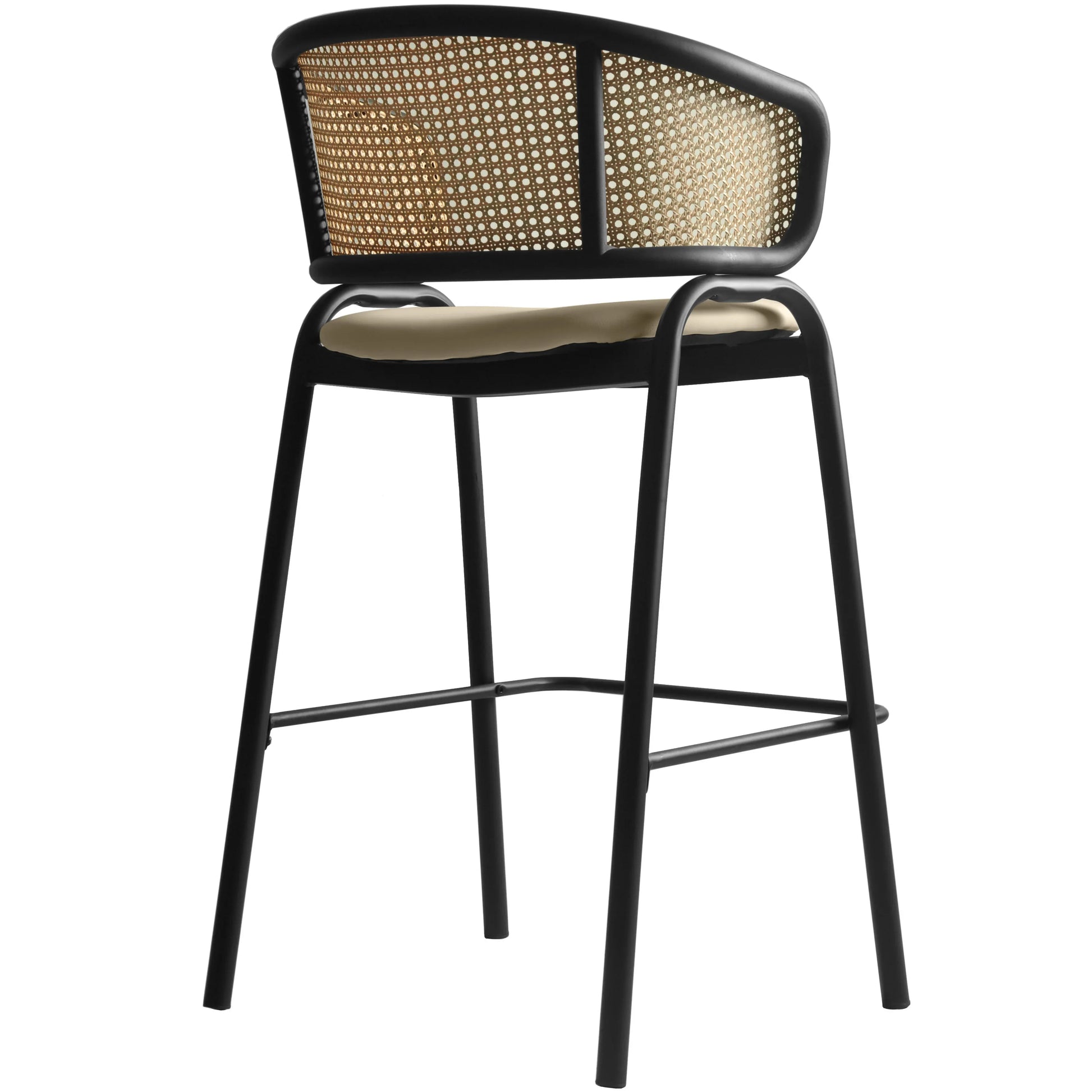 Ervilla Leather Bar Stool with Powder-Coated Stainless Steel Base and Curved Wicker Back Design - Elax Furniture