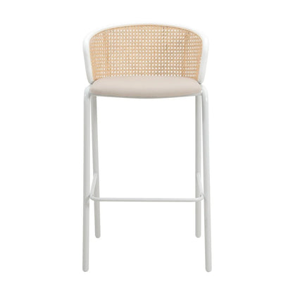 Ervilla Modern Wicker Bar Stool with Fabric Seat and White Powder Coated Steel Frame, Set of 2 - Elax Furniture