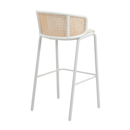 Ervilla Modern Wicker Bar Stool with Fabric Seat and White Powder Coated Steel Frame, Set of 2 - Elax Furniture