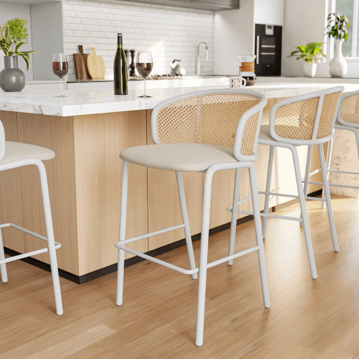 Ervilla Modern Wicker Bar Stool with Fabric Seat and White Powder Coated Steel Frame - Elax Furniture
