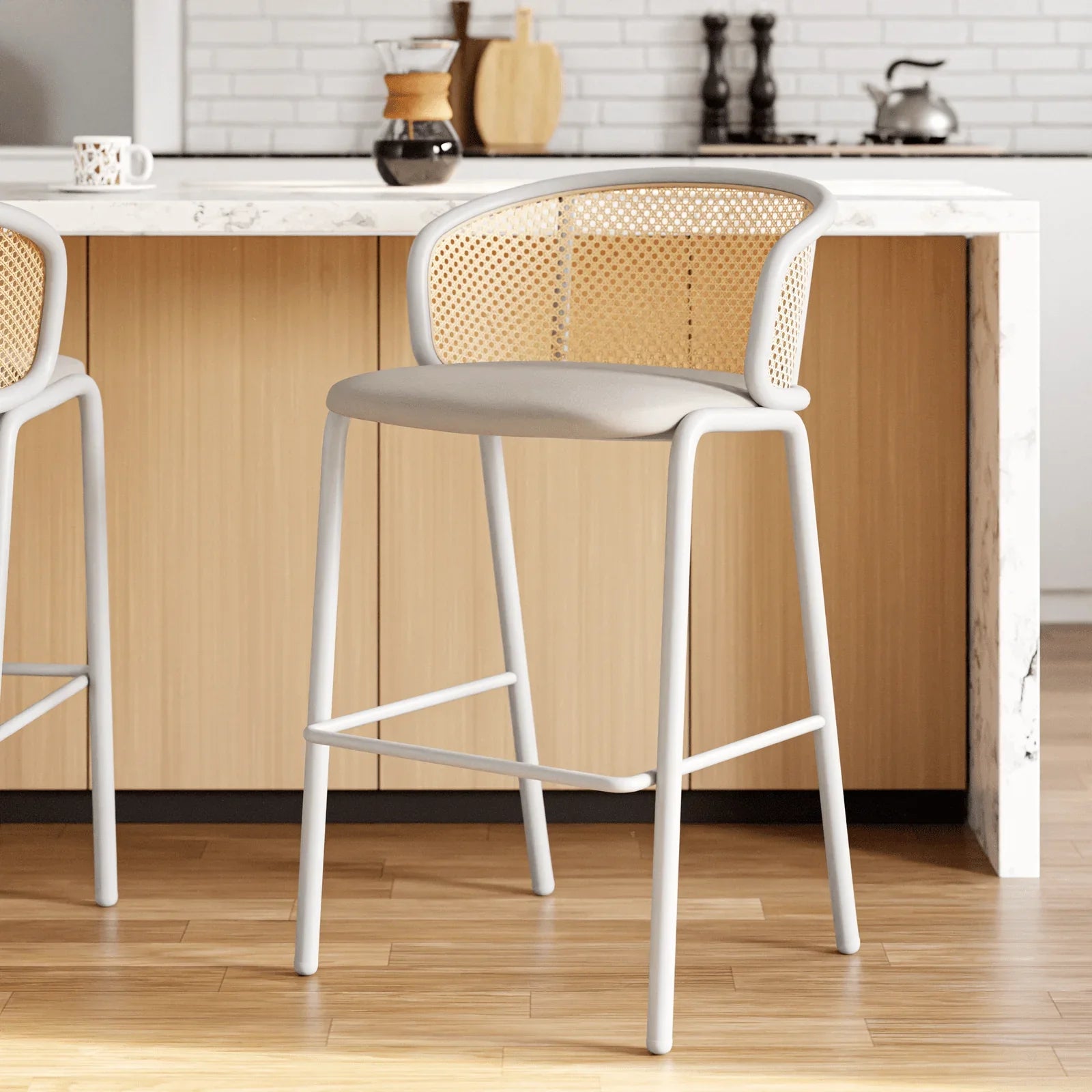 Ervilla Modern Wicker Bar Stool with Fabric Seat and White Powder Coated Steel Frame - Elax Furniture