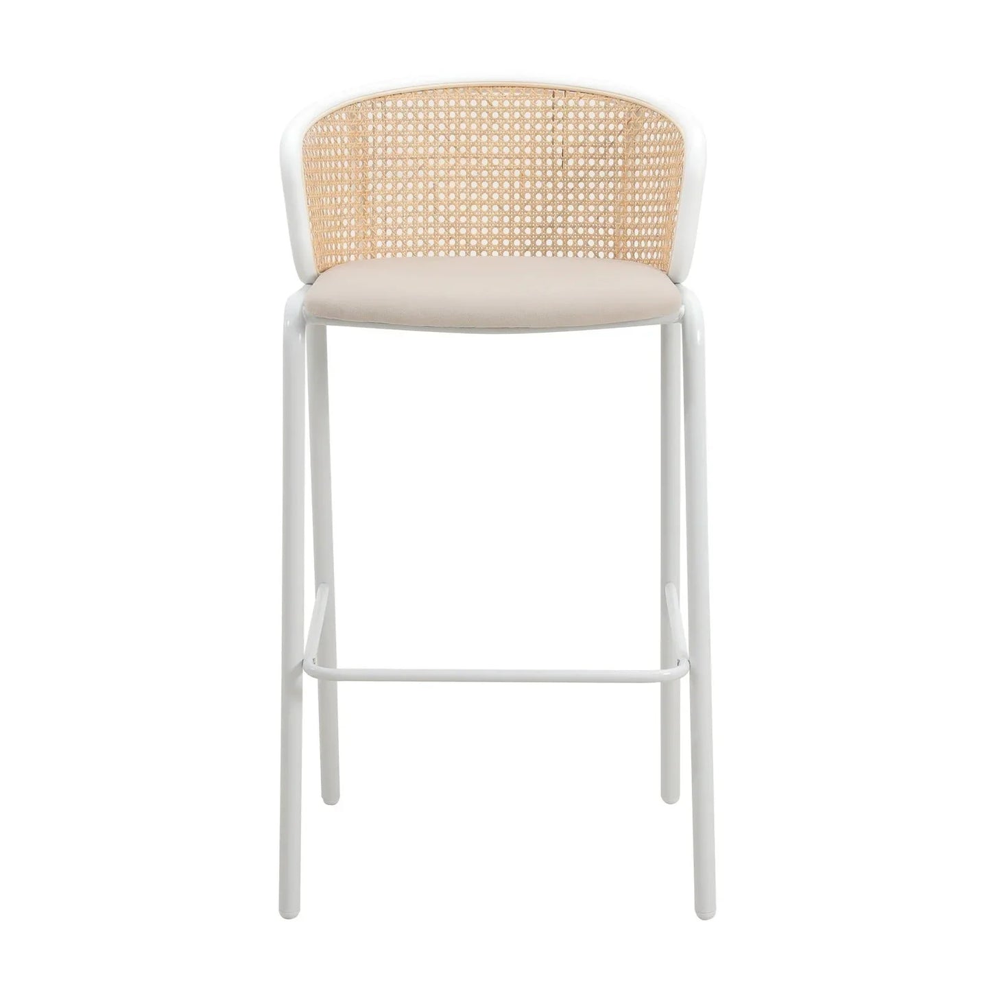 Ervilla Modern Wicker Bar Stool with Fabric Seat and White Powder Coated Steel Frame - Elax Furniture