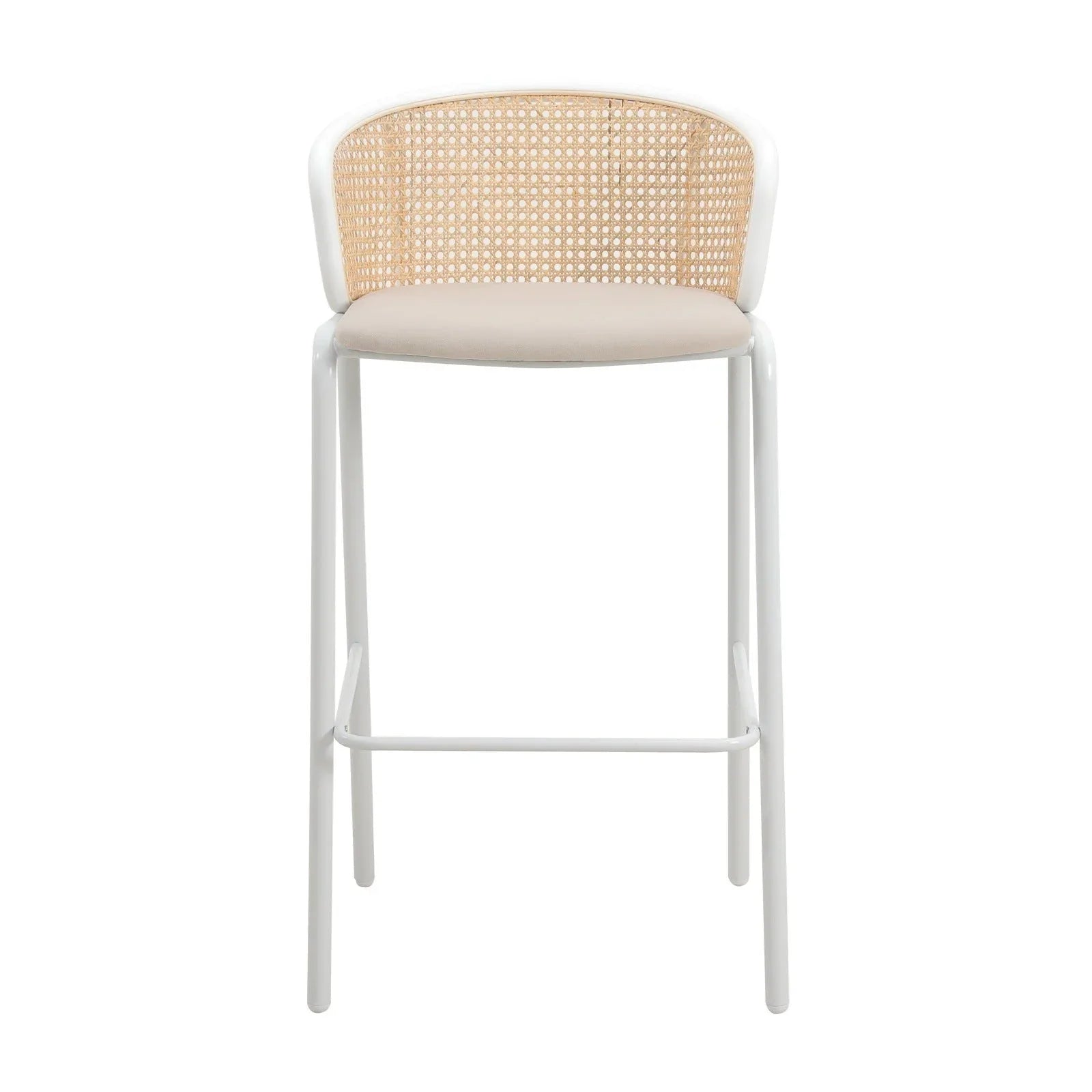 Ervilla Modern Wicker Bar Stool with Fabric Seat and White Powder Coated Steel Frame - Elax Furniture