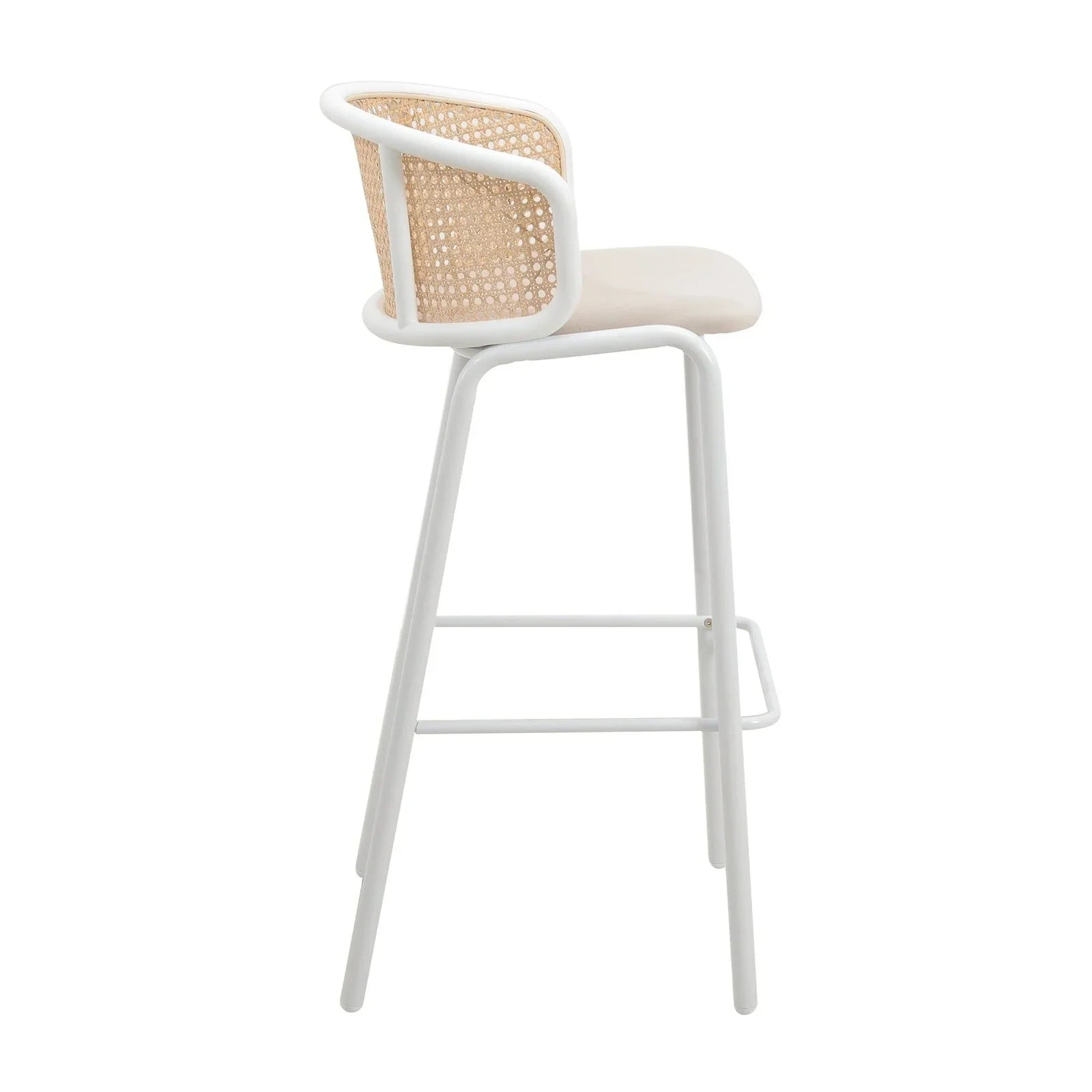 Ervilla Modern Wicker Bar Stool with Fabric Seat and White Powder Coated Steel Frame - Elax Furniture
