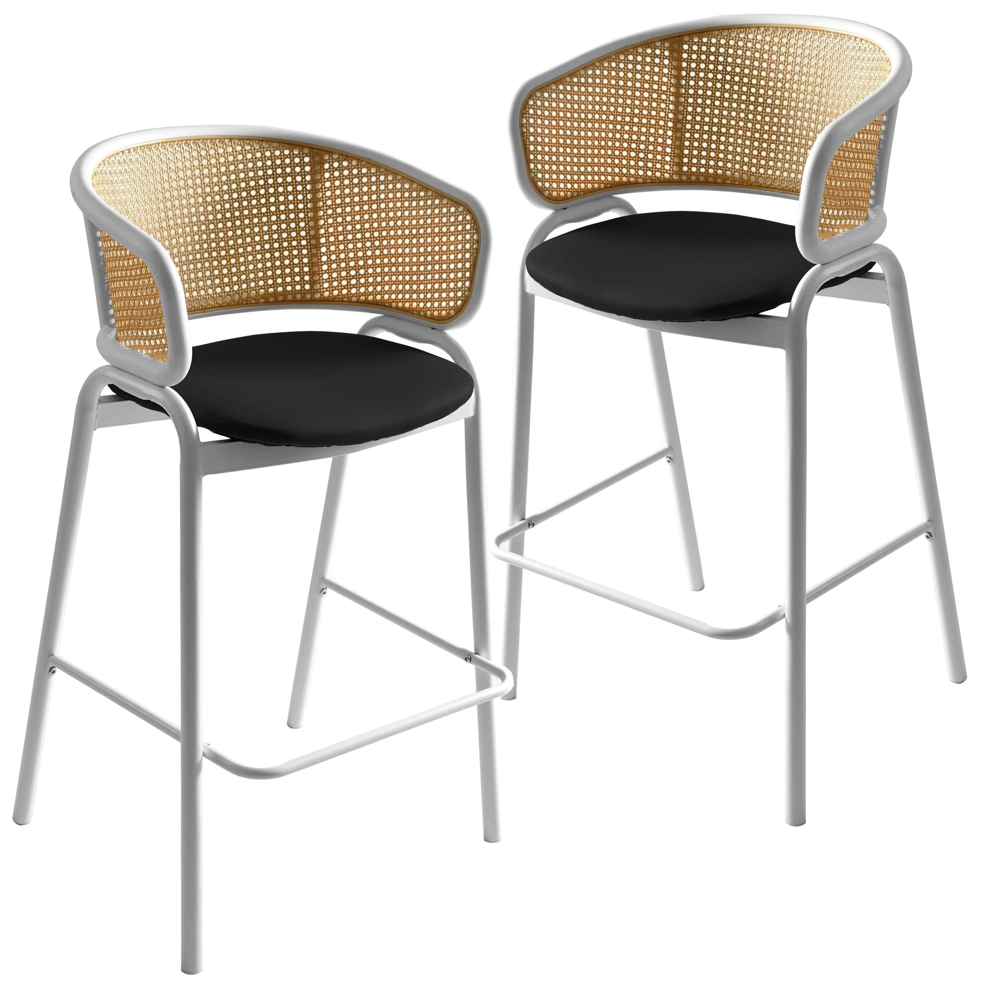 Ervilla Leather Bar Stool with Powder-Coated Stainless Steel Base and Curved Wicker Back Design - Elax Furniture