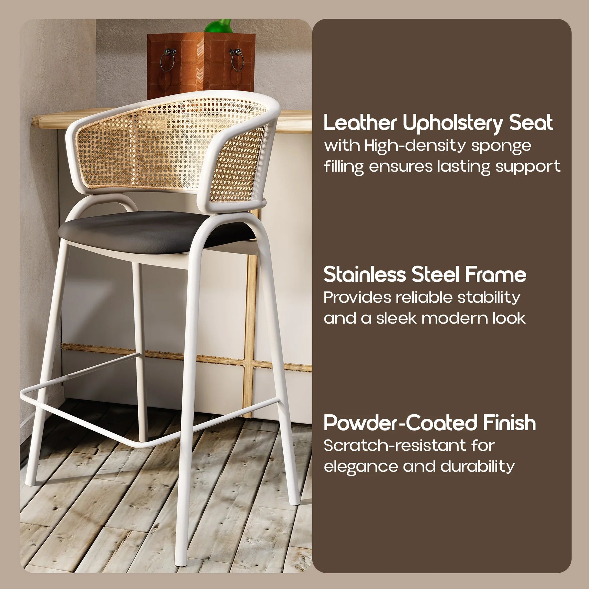 Ervilla Leather Bar Stool with Powder-Coated Stainless Steel Base and Curved Wicker Back Design - Elax Furniture