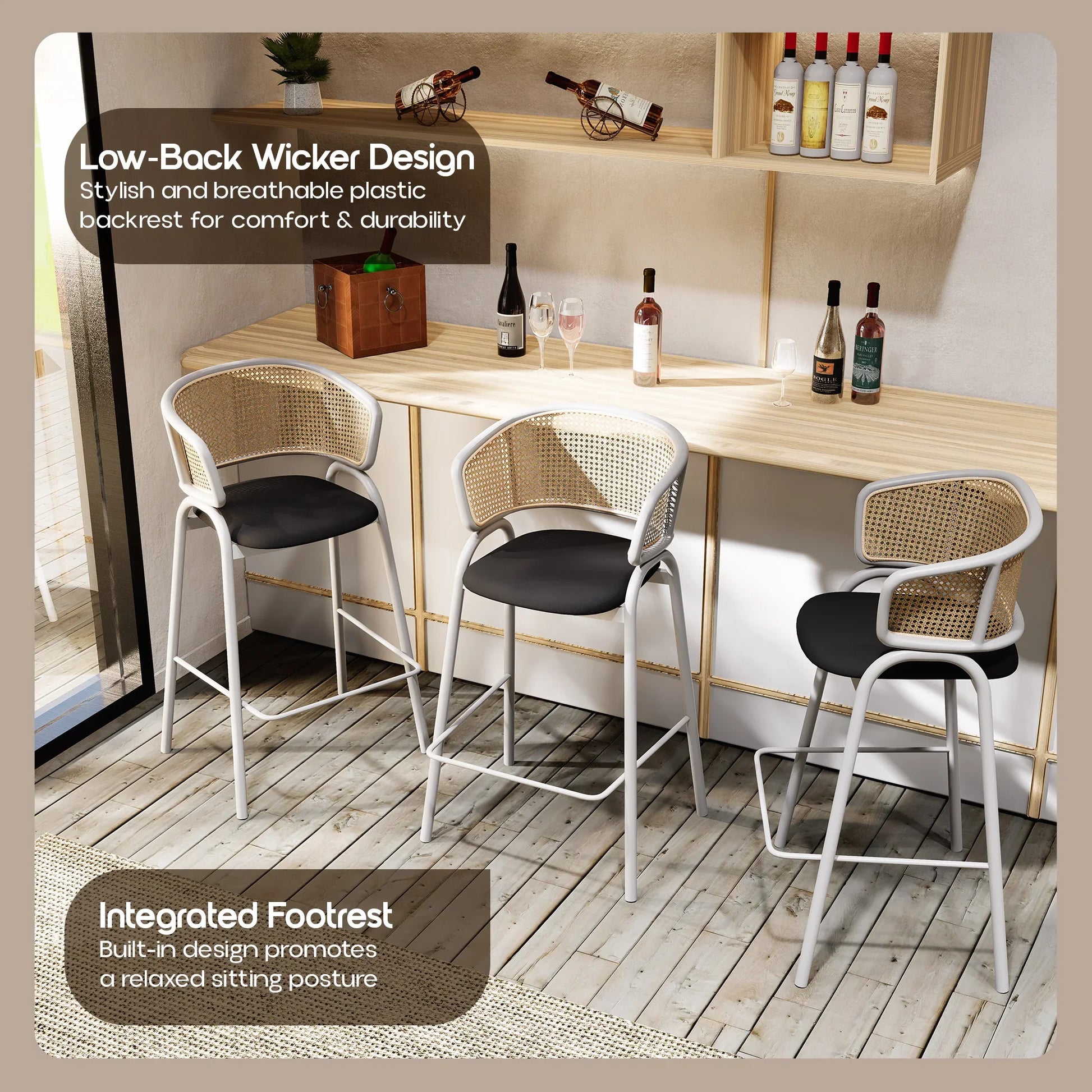 Ervilla Leather Bar Stool with Powder-Coated Stainless Steel Base and Curved Wicker Back Design - Elax Furniture