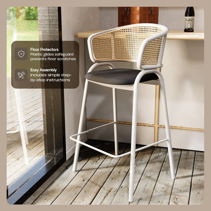 Ervilla Leather Bar Stool with Powder-Coated Stainless Steel Base and Curved Wicker Back Design - Elax Furniture