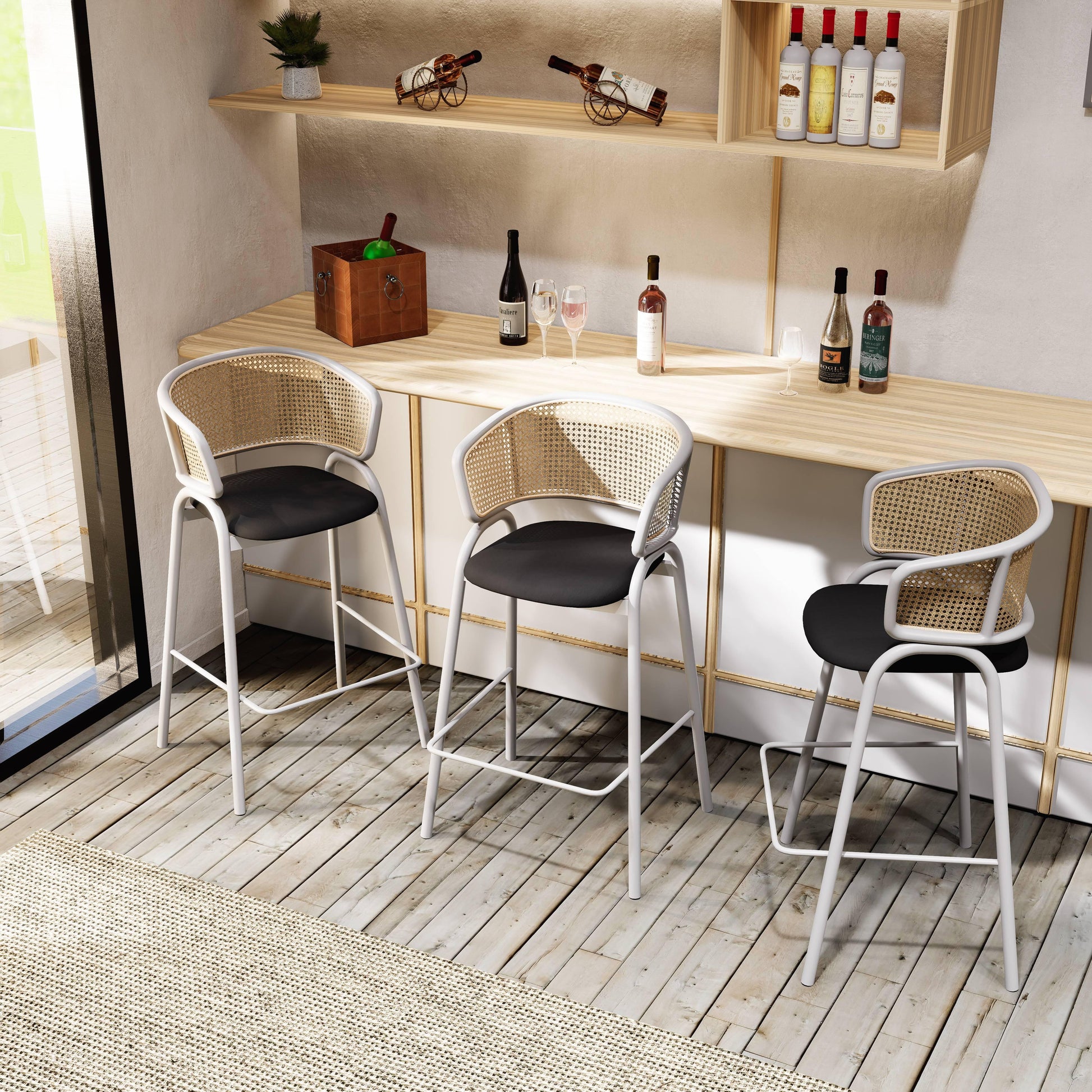 Ervilla Leather Bar Stool with Powder-Coated Stainless Steel Base and Curved Wicker Back Design - Elax Furniture