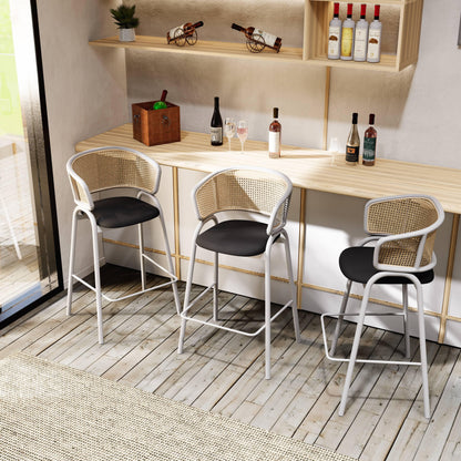 Ervilla Leather Bar Stool with Powder-Coated Stainless Steel Base and Curved Wicker Back Design - Elax Furniture
