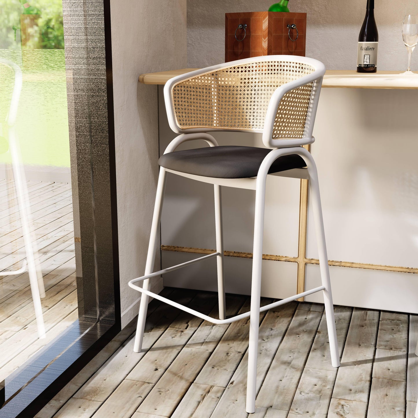 Ervilla Leather Bar Stool with Powder-Coated Stainless Steel Base and Curved Wicker Back Design - Elax Furniture